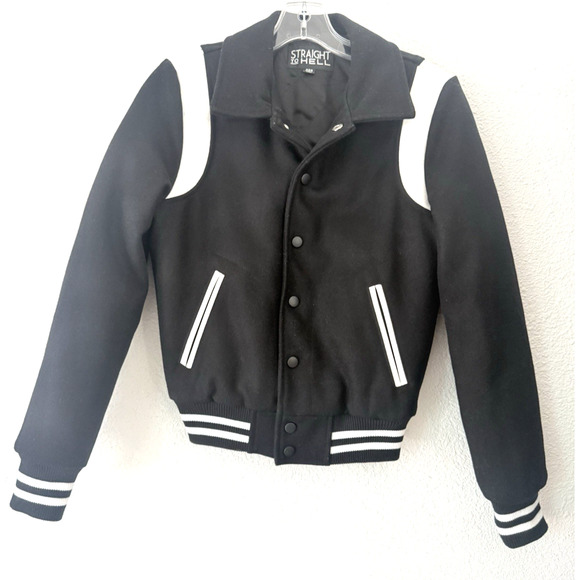Straight to Hell- Wool Varsity Bomber Jacket Unisex Black Size XX Small - Picture 1 of 15